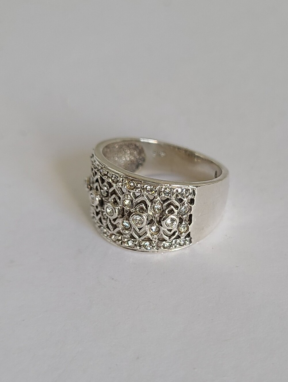 Elegant Sterling Silver CZ Rhinestone Crystal Filigree Chunky Wide Band Ring 6 - Picture 9 of 15